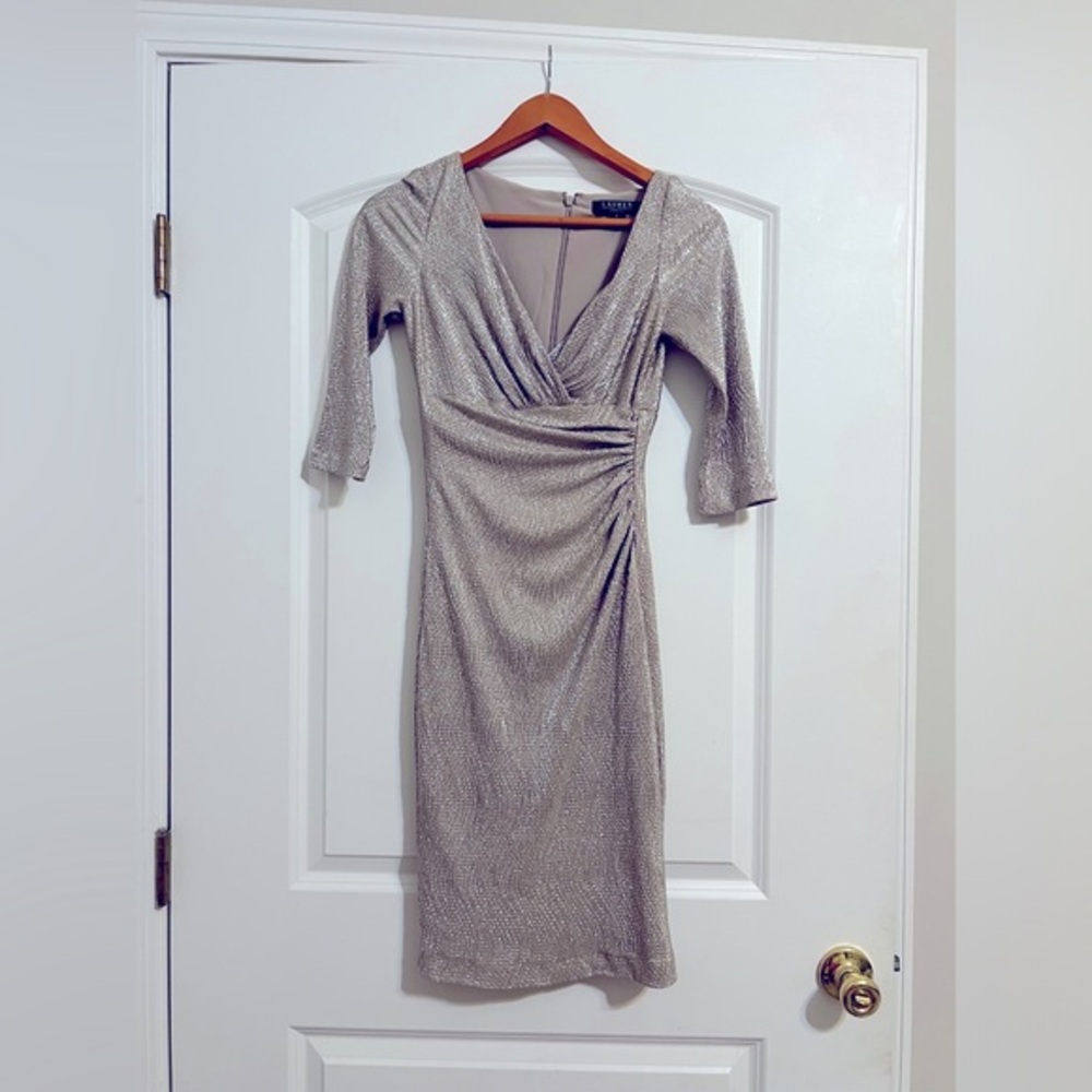 Ralph Lauren Women’s Gold Metallic Ruched Cocktail Dress